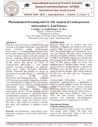Phytochemical Screening and GC MS Analysis of Cardiospermum halicacabum L. Leaf Extract