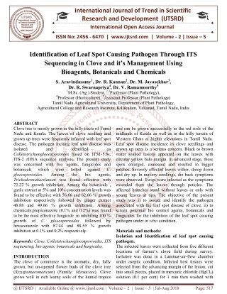 Identification of Leaf Spot Causing Pathogen Through ITS Sequencing in Clove and it's Management Using Bioagents, Botani