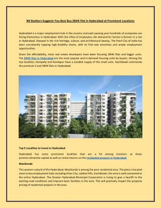 NK Realtors Suggests You Best Buy 2BHK Flat in Hyderabad at Prominent Locations