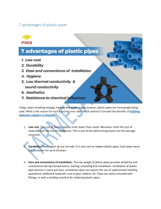 7 advantages of plastic pipes Today,