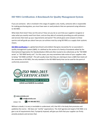 ISO 9001 Certification: A Benchmark for Quality Management System