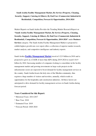 Saudi Arabia Facility Management Market: Growth, Opportunity and Forecast Till 2024