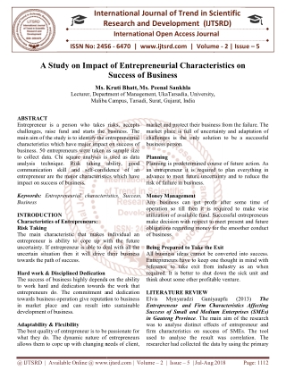 A Study on Impact of Entrepreneurial Characteristics on Success of Business