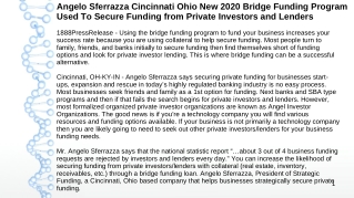 Angelo Sferrazza Cincinnati Ohio New 2020 Bridge Funding Program Used To Secure Funding from Private Investors and Lende