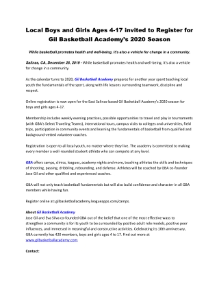 Local Boys and Girls Ages 4-17 invited to Register for Gil Basketball Academy’s 2020 Season