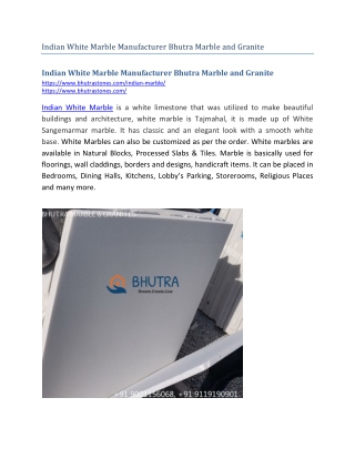 Indian White Marble Manufacturer Bhutra Marble and Granite