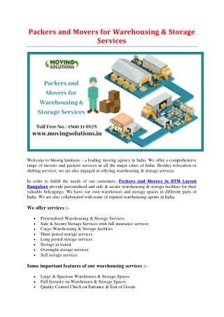 Packers and Movers for Warehousing & Storage Services