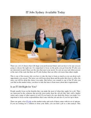 IT Jobs Sydney Available Today