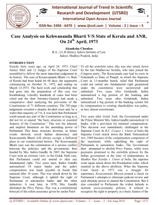 Case Analysis on Kehwananda Bharti V S State of Kerala and ANR, On 24th April, 1973