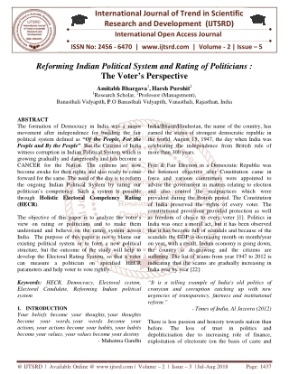 Reforming Indian Political System and Rating of Politicians The Voter's Perspective