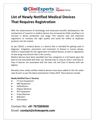 List of Newly Notified Medical Devices That Requires Registration