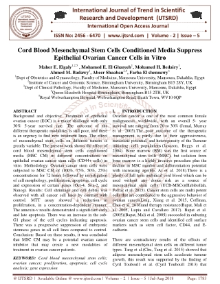 Cord Blood Mesenchymal Stem Cells Conditioned Media Suppress Epithelial Ovarian Cancer Cells in Vitro