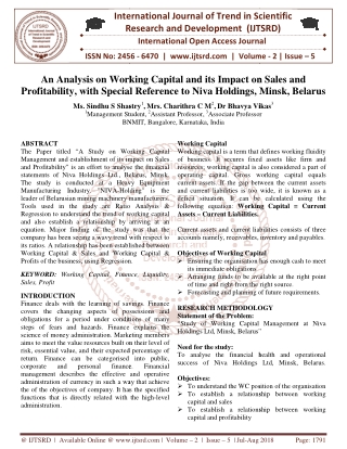 An Analysis on Working Capital and its Impact on Sales and Profitability, with Special Reference to Niva Holdings, Minsk