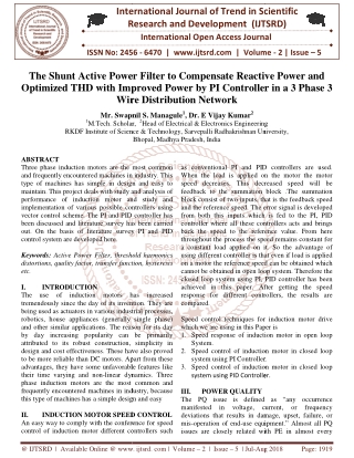 The Shunt Active Power Filter to Compensate Reactive Power and optimized THD with Improved Power by PI controller in a 3