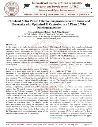 The Shunt Active Power Filter to Compensate Reactive Power and Harmonics with optimized PI controller in a 3 Phase 3 Wir