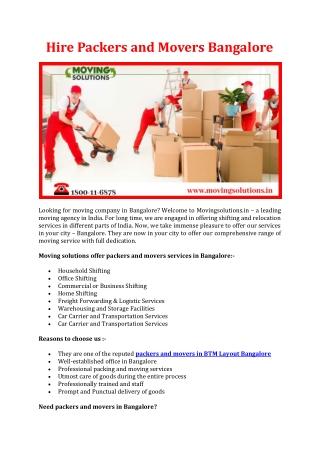 Hire Packers and Movers Bangalore