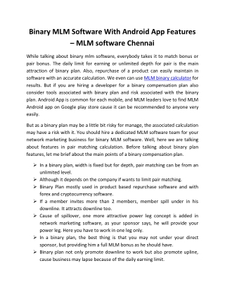 Binary MLM Software With Android App Features – MLM software Chennai