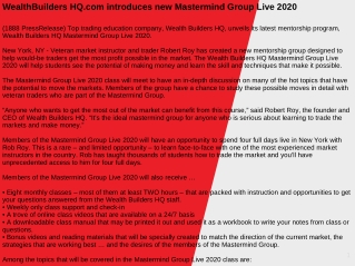 WealthBuilders HQ.com introduces new Mastermind Group Live 2020