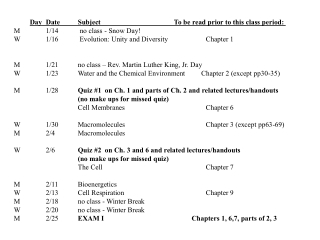 Day 	Date	Subject			To be read prior to this class period:  M	1/14            no class - Snow Day!