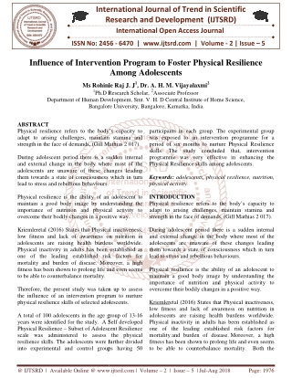 Influence of Intervention Program to Foster Physical Resilience Among Adolescents