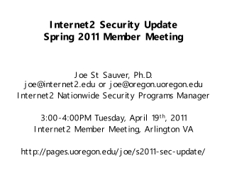 Internet2 Security Update Spring 2011 Member Meeting