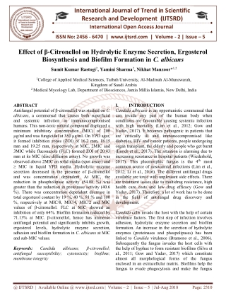 Effect of Β-Citronellol on Hydrolytic Enzyme Secretion, Ergo sterol Biosynthesis and Bio film Formation in C. Albicans