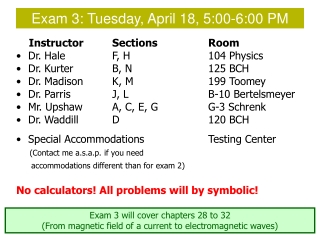 Instructor 	Sections	 	Room Dr. Hale		F, H			104 Physics Dr. Kurter		B, N			125 BCH