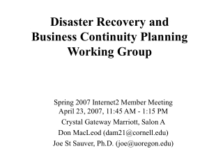 Disaster Recovery and  Business Continuity Planning Working Group