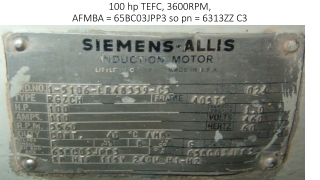 100 hp TEFC, 3600RPM,  AFMBA = 65BC03JPP3 so pn = 6313ZZ C3