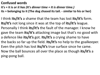 Confused words it's = it is  or it has (It's dinner time = It is dinner time.)