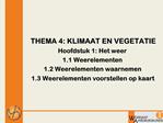 THEMA 4: KLIMAAT EN VEGETATIE Hoofdstuk 1: Het weer 1.1 Weerelementen 1.2 Weerelementen waarnemen 1.3 Weerelementen voor