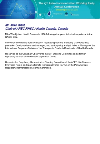 Mr. Mike Ward,  Chair of APEC RHSC / Health Canada, Canada