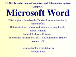 BIL101, Introduction to Computers and Information Systems Chapter 7  Microsoft  Word