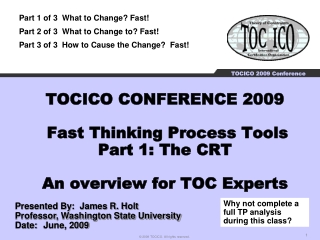 TOCICO CONFERENCE 2009  Fast Thinking Process Tools Part 1: The CRT An overview for TOC Experts