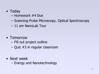 Today Homework #4 Due Scanning Probe Microscopy, Optical Spectroscopy 11 am  NanoLab  Tour