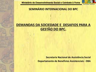 SEMINÁRIO INTERNACIONAL DO BPC DEMANDAS DA SOCIEDADE E DESAFIOS PARA A GESTÃO DO BPC . Secretaria Nacional de Assistênc