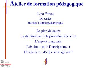 Le plan de cours La dynamique de la première rencontre L'exposé magistral L'évaluation de l'enseignement Des activités d