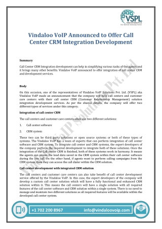 Vindaloo VoIP Announced to Offer Call Center CRM Integration Development