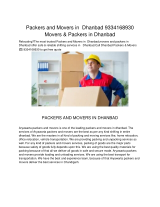 Packers and Movers in Dhanbad | 9334168930 |Movers & Packers in Dhanbad