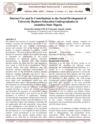 Internet Use and its Contributions to the Social Development of University Business Education Undergraduates in Anambra