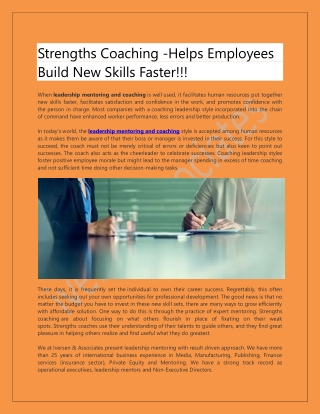 Strengths Coaching -Helps Employees Build New Skills Faster!!!
