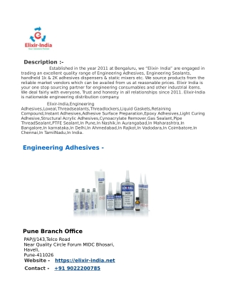 Elixir-India|Engineering Adhesives|Threadsealants|Threadlockers|Liquid Gaskets|Retaining Compound|Instant Adhesives|Adhe