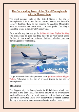 The Outstanding Town of the City of Pennsylvania with JetBlue Airlines Reservations