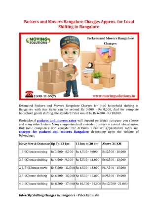Packers and Movers Bangalore Charges Approx. for Local Shifting in Bangalore