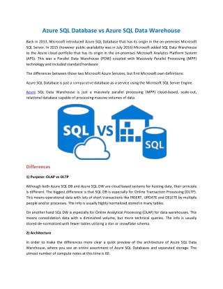 Azure SQL Database vs Azure SQL Data Warehouse