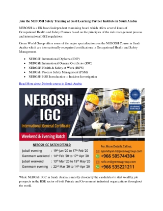 Join the NEBOSH Safety Training at Gold Learning Partner Institute in Saudi Arabia