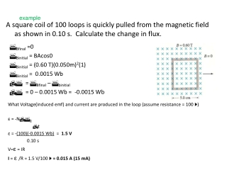 F Bfinal  =0 F Binitial  = BAcos0 F Binitial  = (0.60 T)(0.050m) 2 (1) F Binitial  =  0.0015  Wb