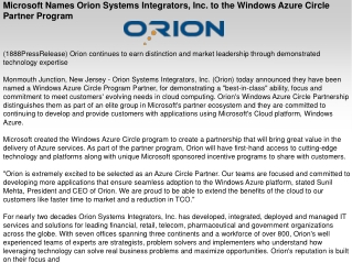 Microsoft Names Orion Systems Integrators, Inc. to the Windo