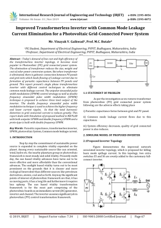 IRJET- Improved Transformerless Inverter with Common Mode Leakage Current Elimination for a Photovoltaic Grid-Connected