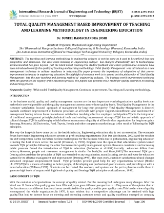 IRJET- Total Quality Management based Improvement of Teaching and Learning Methodology in Engineering Education